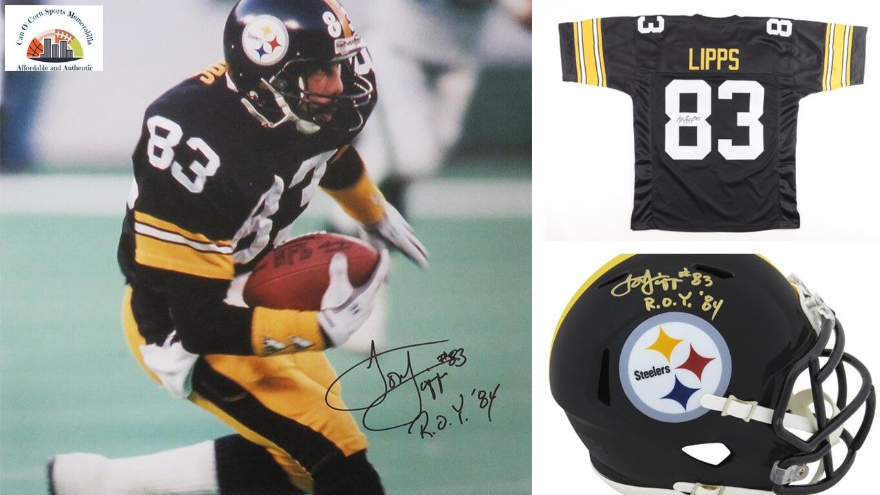 Louis Lipps Signed Pittsburgh Jersey (JSA) and Louis Lipps Signed Steelers 16x20 Photo Inscribed "ROY 84" (Schwartz) and Louis Lipps Signed Steelers Speed Mini Helmet Inscribed "R.O.Y. '84" (Schwartz)