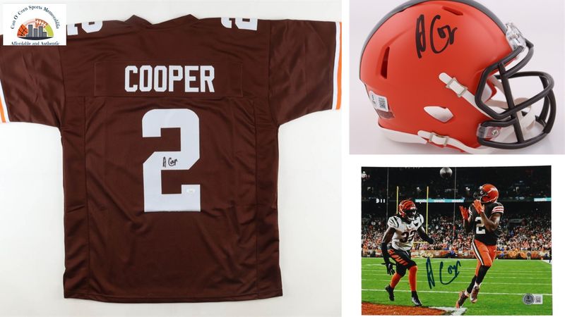 Amari Cooper Signed Cleveland Browns Jersey (JSA), Amari Cooper Signed Cleveland Browns Speed Mini Helmet (Beckett), & Amari Cooper Signed Cleveland Browns 8x10 Photo (Beckett) Amari Cooper Signed Cleveland Browns Jersey (JSA), Amari Cooper Signed Cleveland Browns Speed Mini Helmet (Beckett), & Amari Cooper Signed Cleveland Browns 8x10 Photo (Beckett)