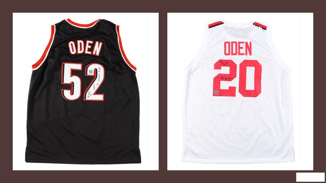 Greg Oden Signed Ohio St Buckeyes Jersey Inscribed "07 All-American" (Playball Ink) Greg Oden Signed Portland Trailblazers Jersey Inscribed "2007 #1 Draft Pick" (Playball Ink)