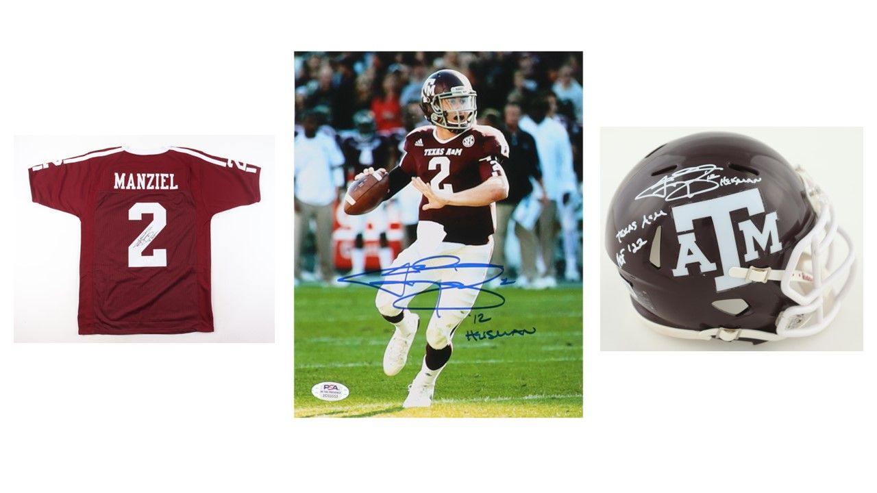 Johnny Manziel Signed A&M Jersey Inscribed "'12 Heisman" (JSA), Johnny Manziel Signed Speed Mini Helmet Inscribed "Texas A&M HOF '22" & "'12 Heisman" (Becket), & Johnny Manziel Signed A&M 8x10 Photo