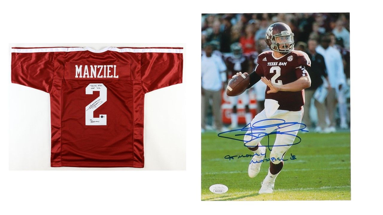 Johnny Manziel Signed Jersey Inscribed "'12 Heisman" (Beckett) & Johnny Manziel Signed Texas A&M 8x10 Photo Inscribed "$ Money Manziel $" (JSA)