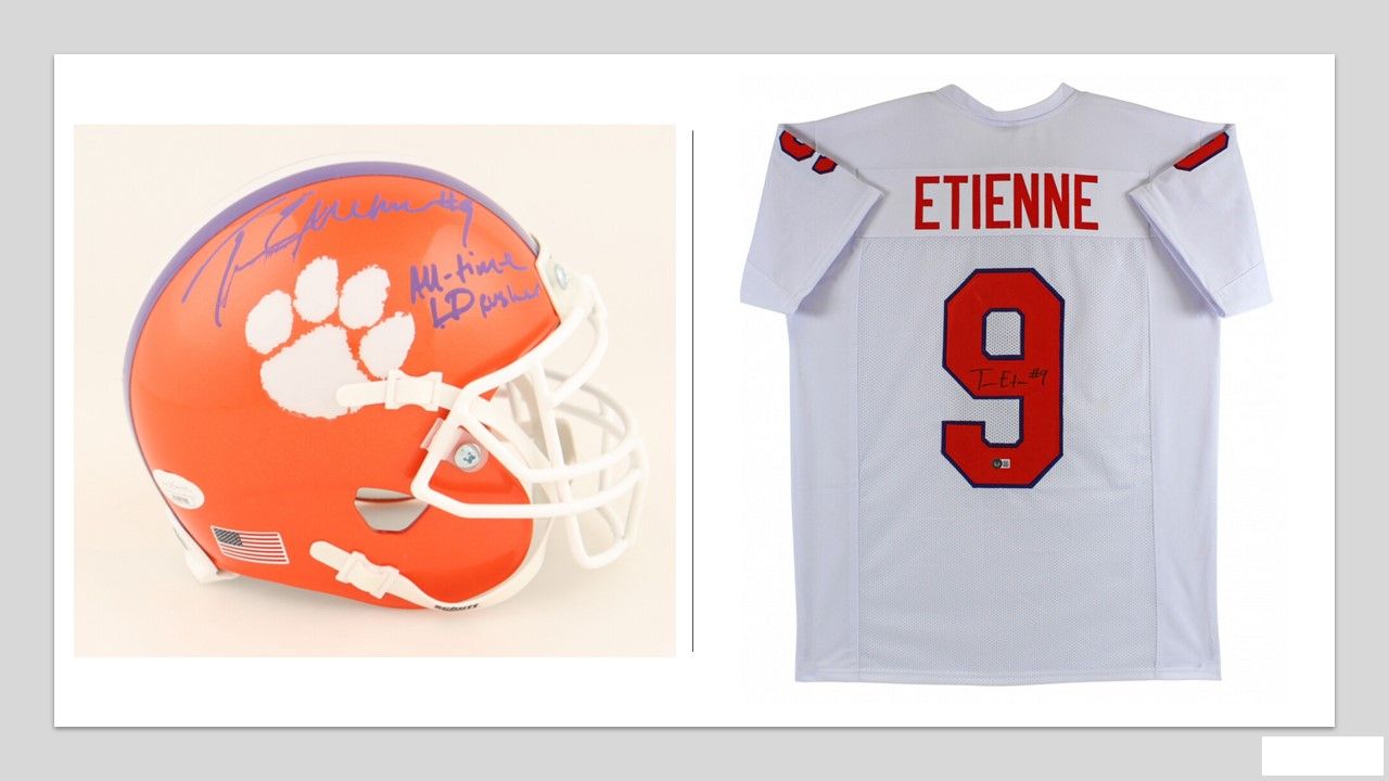 Travis Etienne Jr. Signed Jersey (Beckett) - White and Travis Etienne Signed Clemson Tigers Mini Helmet Inscribed "All-time LD Rusher" (JSA)