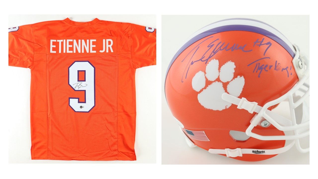Travis Etienne Jr. Signed Jersey (Beckett) Orange and Travis Etienne Signed Clemson Tigers Mini-Helmet Inscribed "Tiger King" (JSA)
