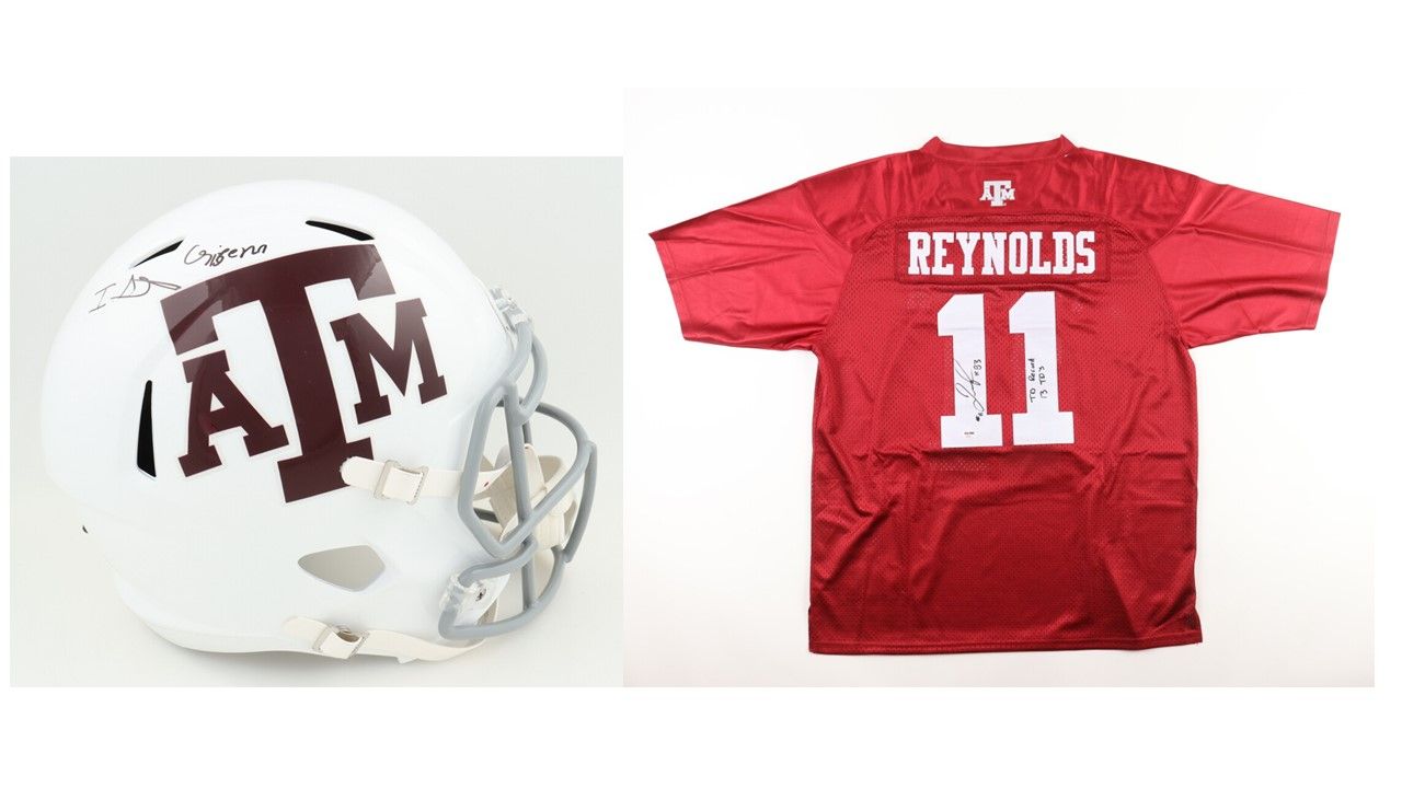 Isaiah Spiller Signed Texas A&M Aggies Full-Size Speed Helmet Inscribed "Gig Em" (Beckett) and Josh Reynolds Signed Texas A&M Aggies Jersey Inscribed "TD Record" & "13 TD's" (PSA)