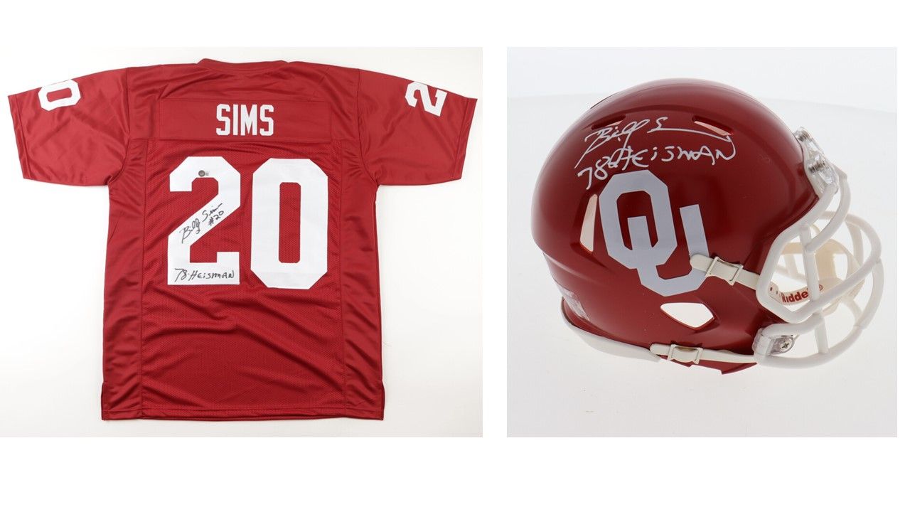 Billy Sims Signed Oklahoma Sooners Mini Helmet Inscribed "78 Heisman" (Schwartz) and Billy Sims Signed Jersey Inscribed "78 Heisman" (Beckett)
