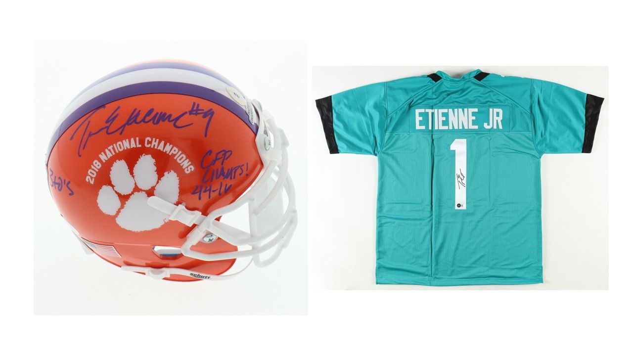 Travis Etienne Jr. Signed Jacksponville Jaguars Jersey (Beckett) and Travis Etienne Signed Clemson Tigers 2018 National Champions Mini-Helmet Inscribed "CFP Champs!", "44-16" & "3 TDs" (JSA)