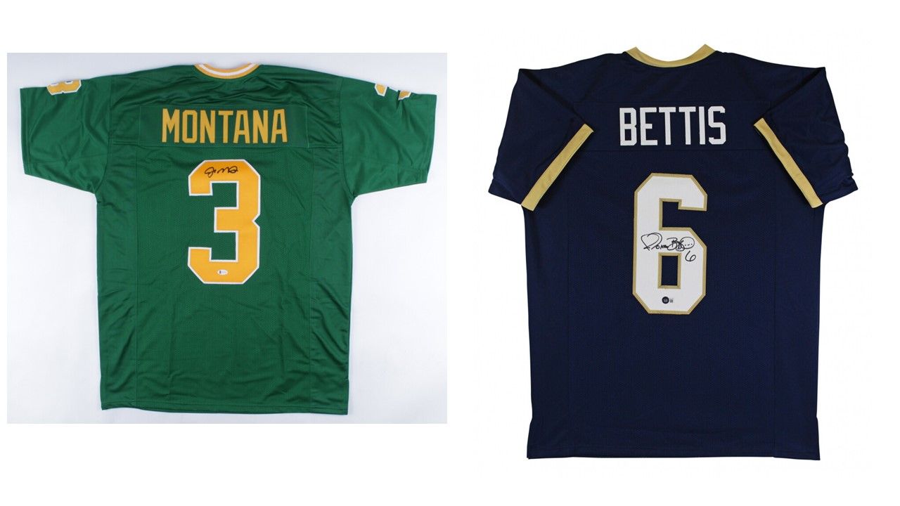 Joe Montana Signed Notre Dame Fighting Irish Jersey (Beckett) and Jerome Bettis Signed Notre Dame Fighting Irish Jersey (Beckett)