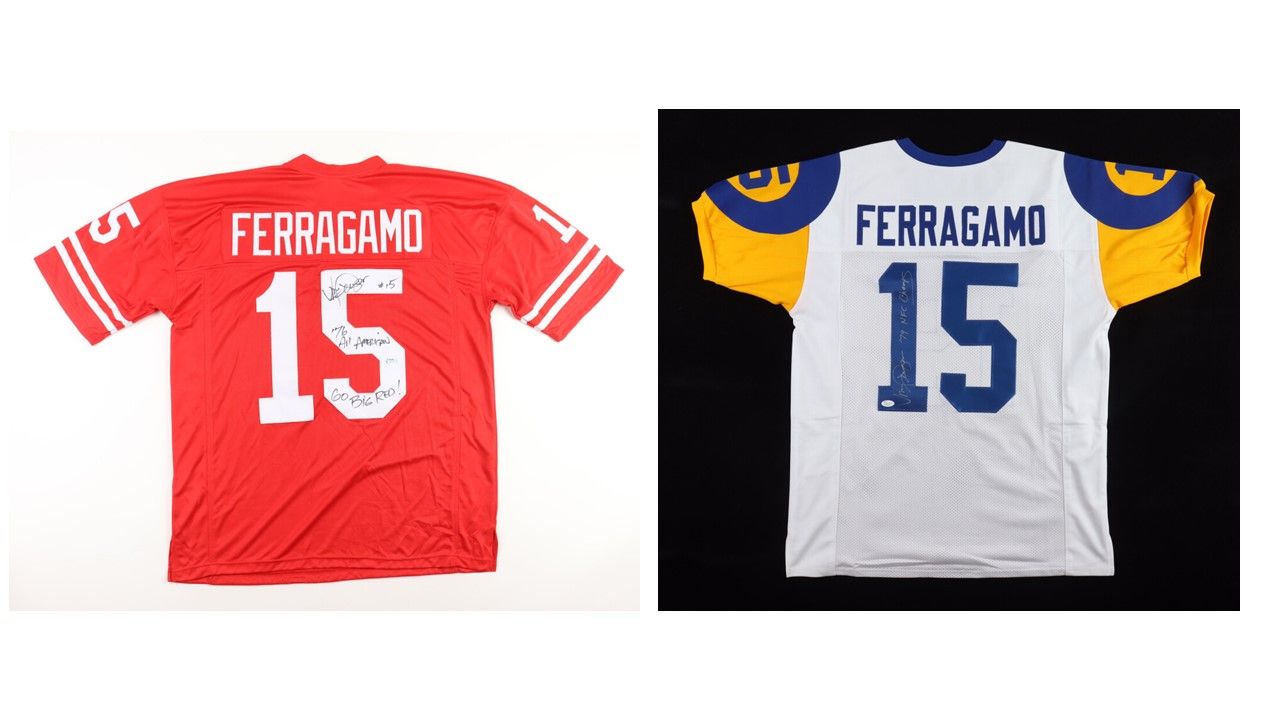 Vince Ferragamo Signed Nebraska Cornhuskers Jersey Inscribed "76 All American" & "Go Big Red!" (PSA) and Vince Ferragamo Signed Los Angeles Rams Jersey Inscribed "79 NFC Champs" (JSA)