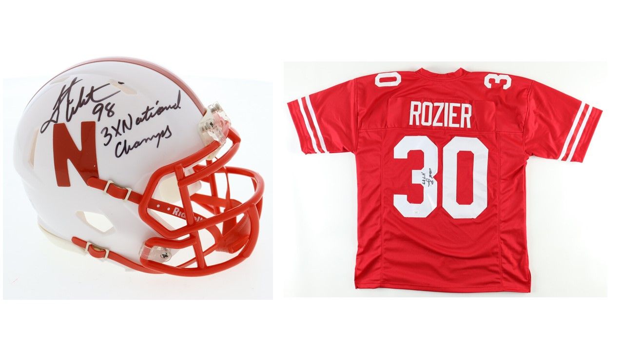 Grant Wistrom Signed Nebraska Cornhuskers Speed Mini Helmet Inscribed "3X National Champs" (PSA) and Mike Rozier Signed Nebraska Cornhuskers Jersey Inscribed "HT 83" (PSA)