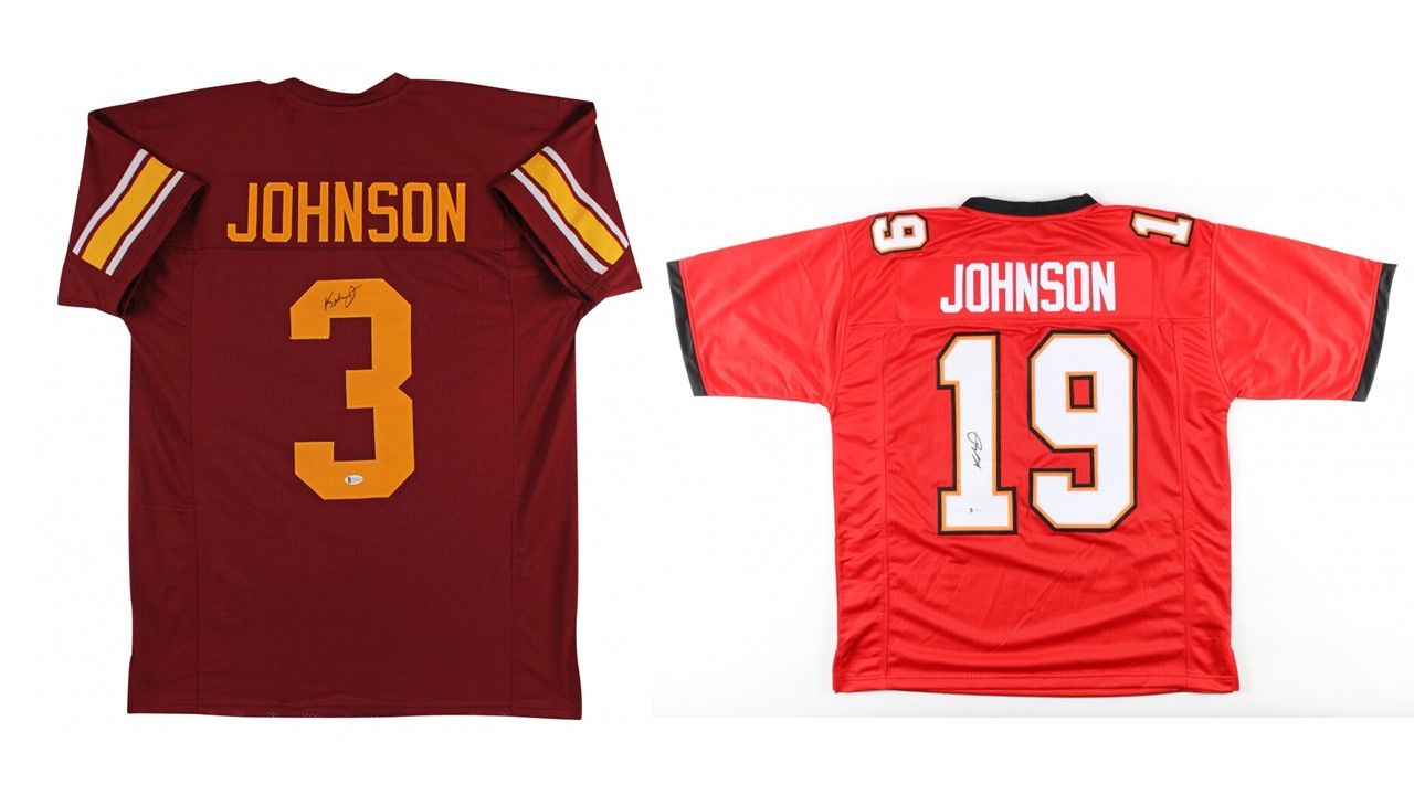 Keyshawn Johnson Signed USC Trojans Jersey (Beckett) & Keyshawn Johnson Signed Tampa Bay Buccaneers Jersey (Beckett)