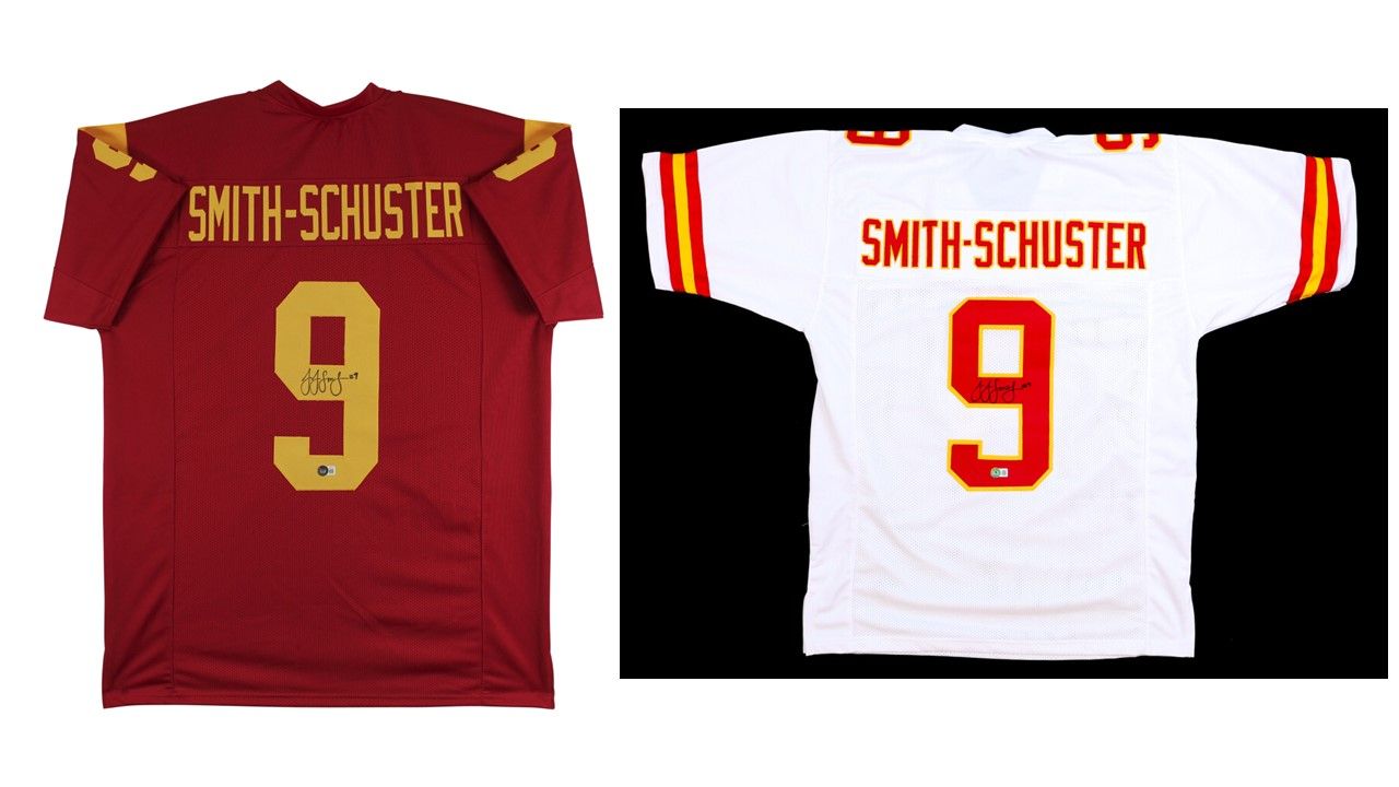 JuJu Smith-Schuster Signed Kansas City Chiefs Jersey (Beckett) & JuJu Smith-Schuster Signed USC Trojans Jersey (Beckett)