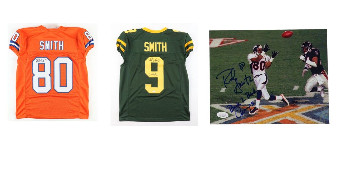 Rod Smith Signed Denver Broncos Jersey (JSA),  Rod Smith Signed Broncos 8x10 Photo Inscribed "Back To Back Champs" (JSA) & Rod Smith Signed Missouri Southern Lions Jersey Inscribed "CHOF 09" (JSA)
