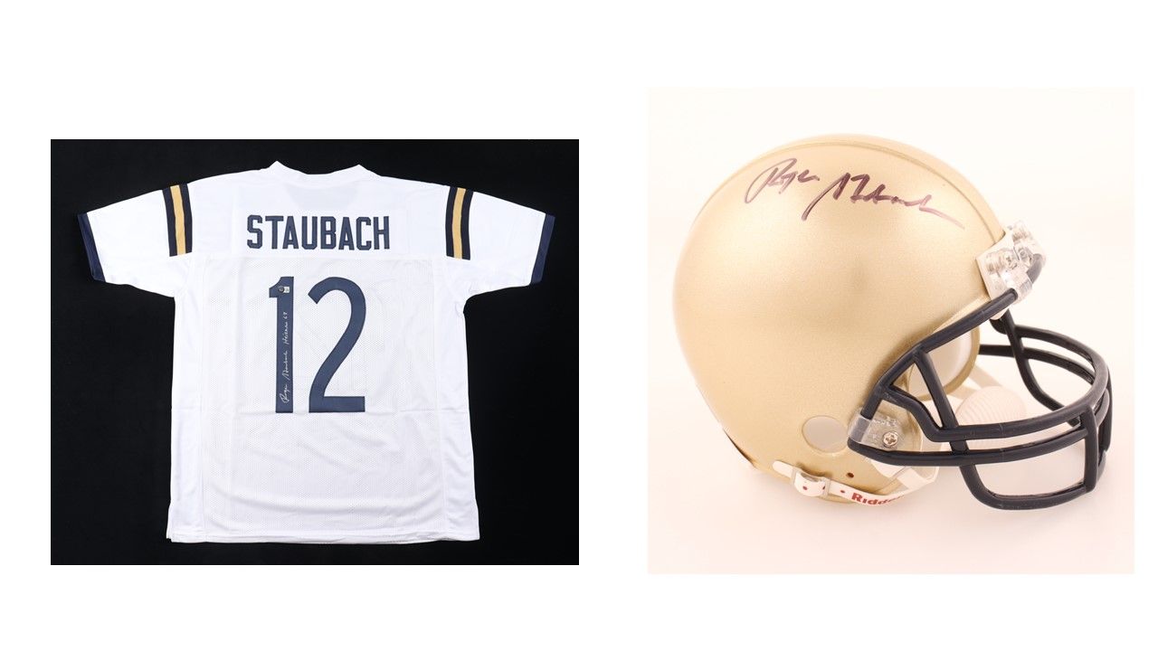 Roger Staubach Signed Navy Midshipmen Mini Helmet (JSA) Roger Staubach Signed Navy Midshipmen Jersey Inscribed "Heisman 63" (Beckett)
