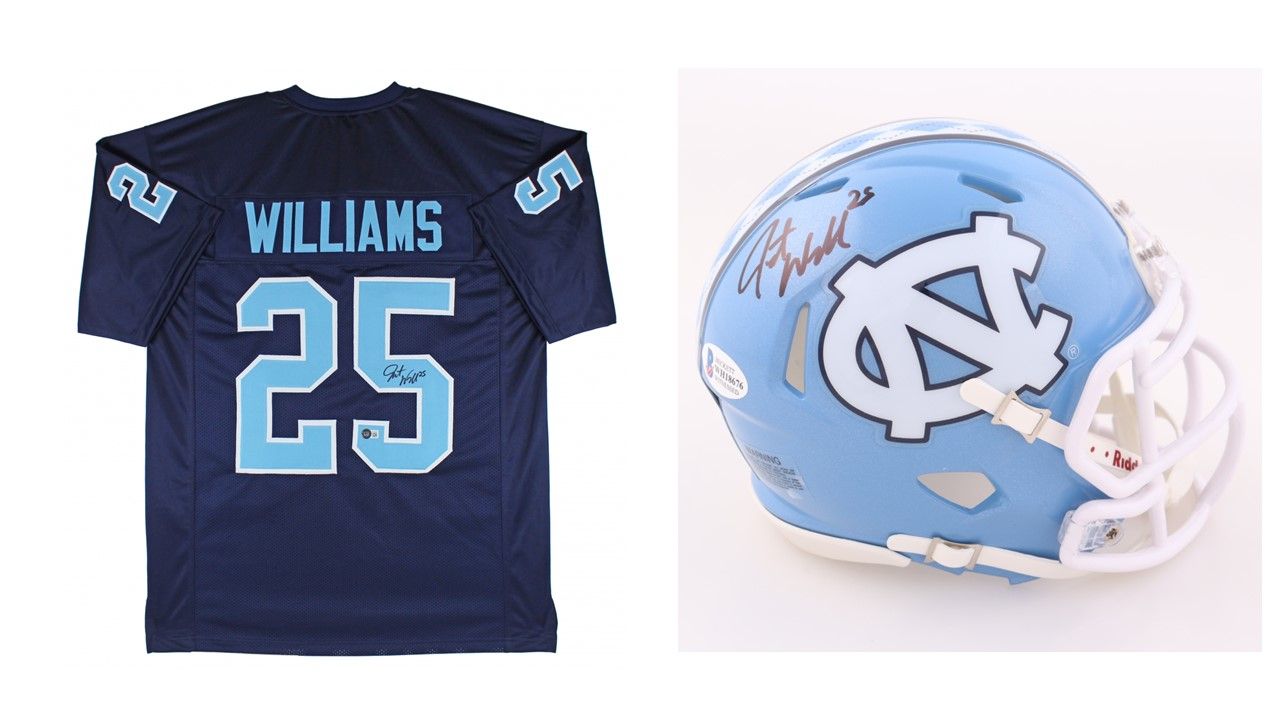 Javonte Williams Signed North Carolina Tar Heels Speed Mini Helmet (Beckett) Javonte Williams Signed North Carolina Tar Heels Jersey (Beckett)