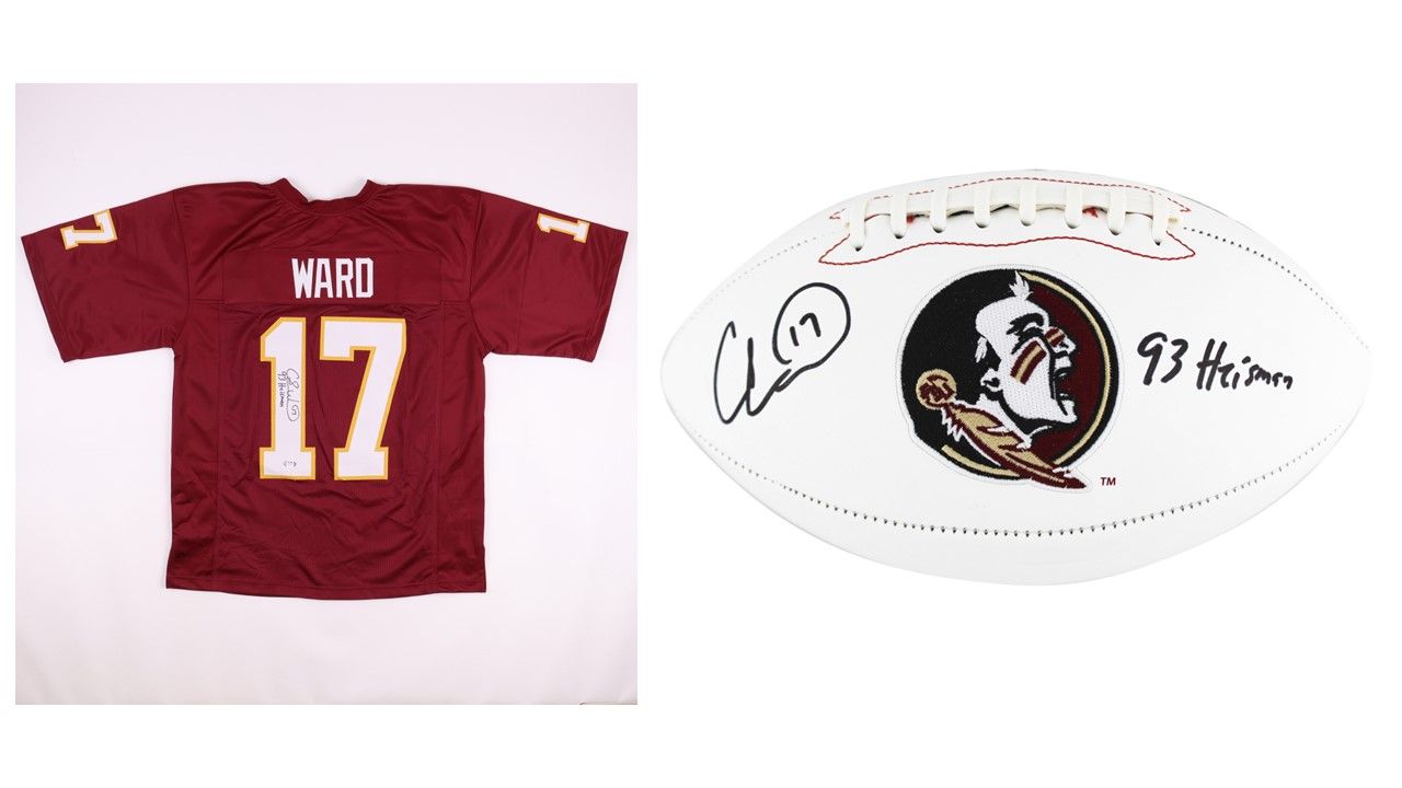 Charlie Ward Signed Florida State Seminoles Logo Football Inscribed "Heisman 93" (Beckett) Charlie Ward Signed Florida State Seminoles Jersey Inscribed "93 Heisman" (PSA)