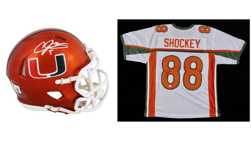 Andre Johnson Signed Miami Hurricanes Flash Alternate Speed Mini Helmet (Beckett) Jeremy Shockey Signed Miami Hurricanes Jersey (JSA)