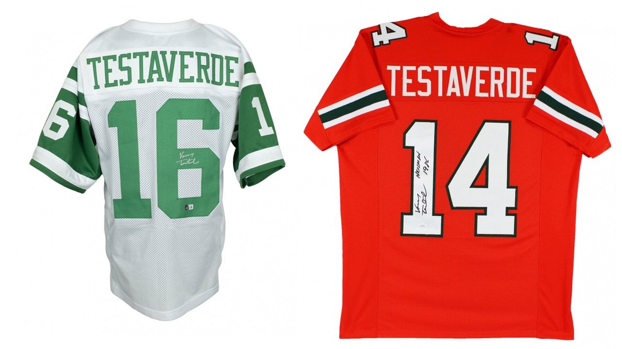 Vinny Testaverde Signed New York Jets Jersey (Beckett) and Vinny Testaverde Signed Miami Hurricanes Jersey Inscribed "Heisman 1986" (JSA)