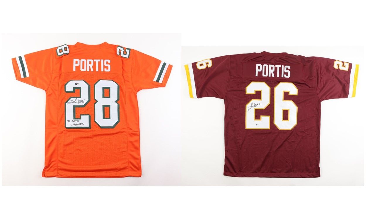 Clinton Portis Signed Miami Hurricanes Jersey Inscribed "01 NATL Champs" (Beckett) & Clinton Portis Signed Washington Redskins Jersey (Beckett)