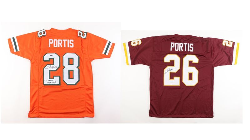 Clinton Portis Signed Miami Hurricanes Jersey Inscribed "01 NATL Champs" (Beckett) & Clinton Portis Signed Washington Redskins Jersey (Beckett)