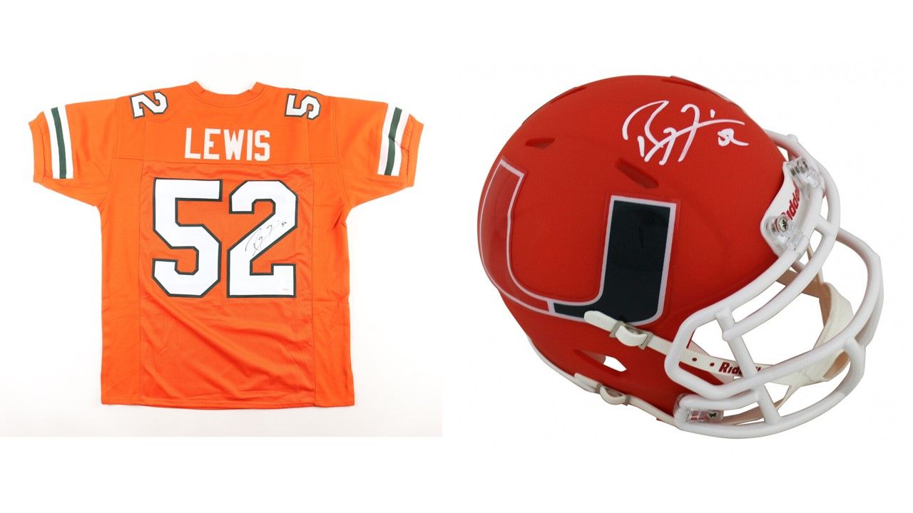 Ray Lewis Signed Miami Hurricanes Jersey (JSA) and Ray Lewis Signed Miami Hurricanes AMP Alternate Speed Mini Helmet (Beckett COA)
