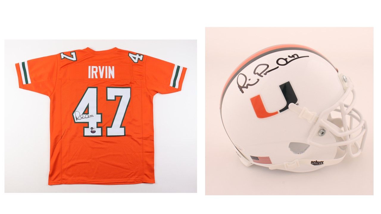 Michael Irvin Signed Miami Hurricanes Jersey (Beckett & Prova) & Michael Irvin Signed Miami Hurricanes Mini Helmet (JSA)
