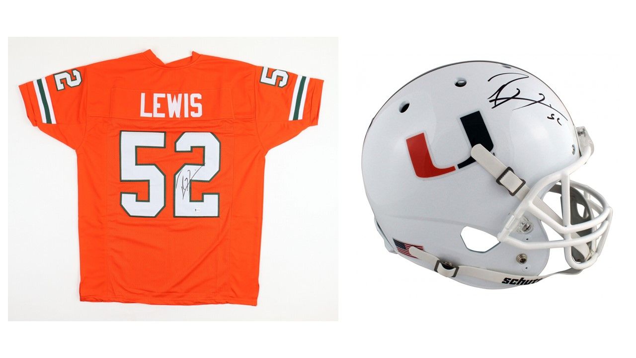 Ray Lewis Signed Miami Hurricanes Jersey (Beckett) & Ray Lewis Signed Miami Hurricanes Full-Size Helmet (Beckett)
