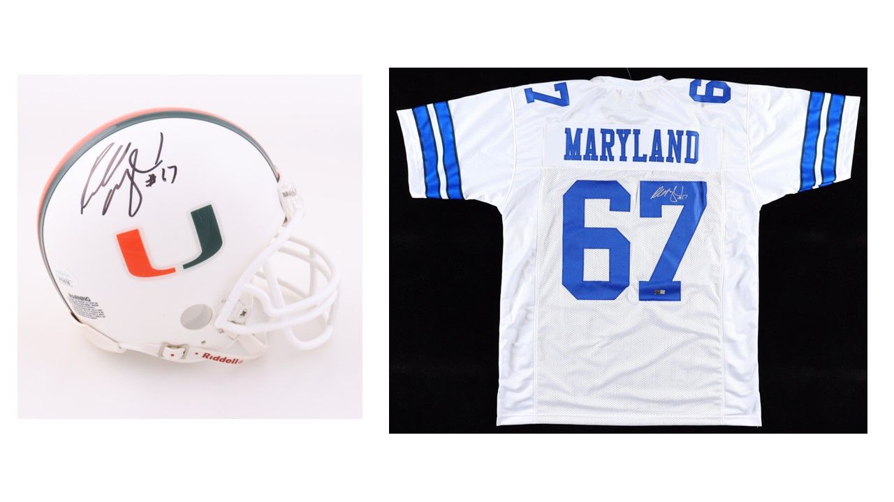 Russell Maryland Signed Miami Hurricanes Mini Helmet (Beckett) & Russell Maryland Signed Dallas Cowboys Jersey (TriStar)