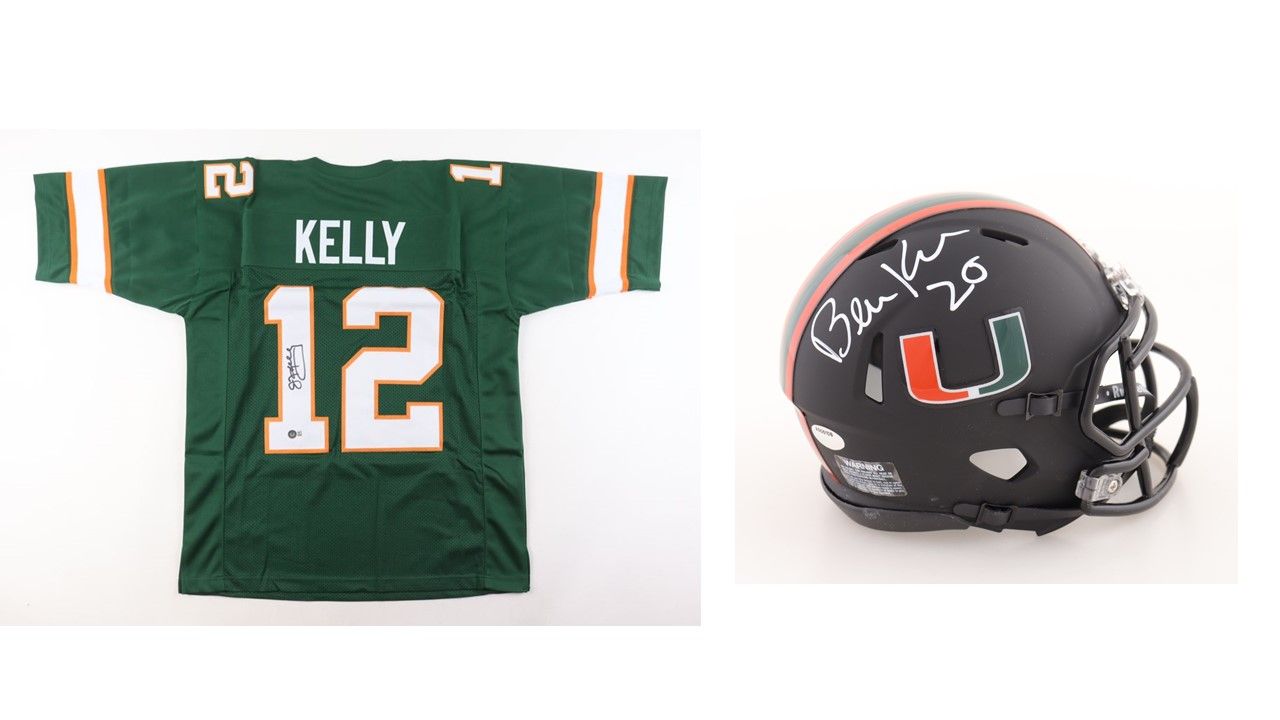 Jim Kelly Signed Miami Hurricanes Jersey (Beckett) & Bernie Kosar Signed Miami Hurricanes Speed Mini Helmet (Schwartz)