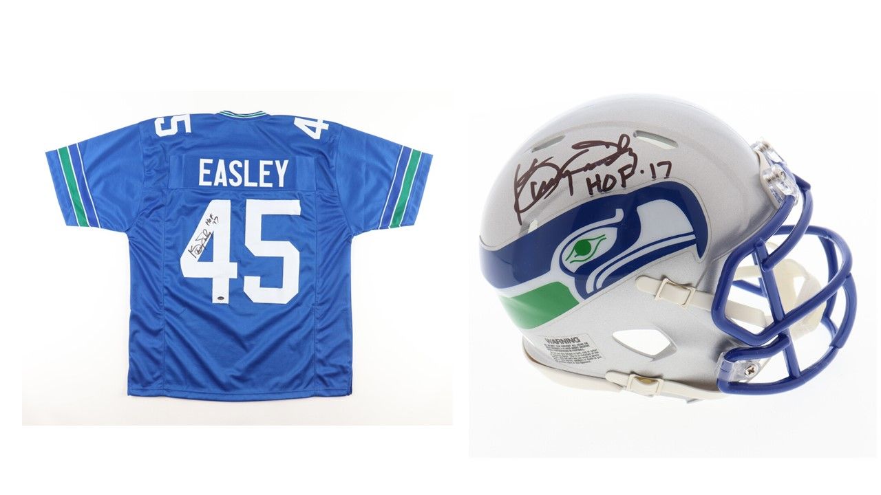 Kenny Easley Signed Seattle Seahawks Jersey Inscribed "HOF 17" (Schwartz) and Kenny Easley Signed Seattle Seahawks Throwback Speed Mini Helmet Inscribed "HOF '17" (Schwartz)
