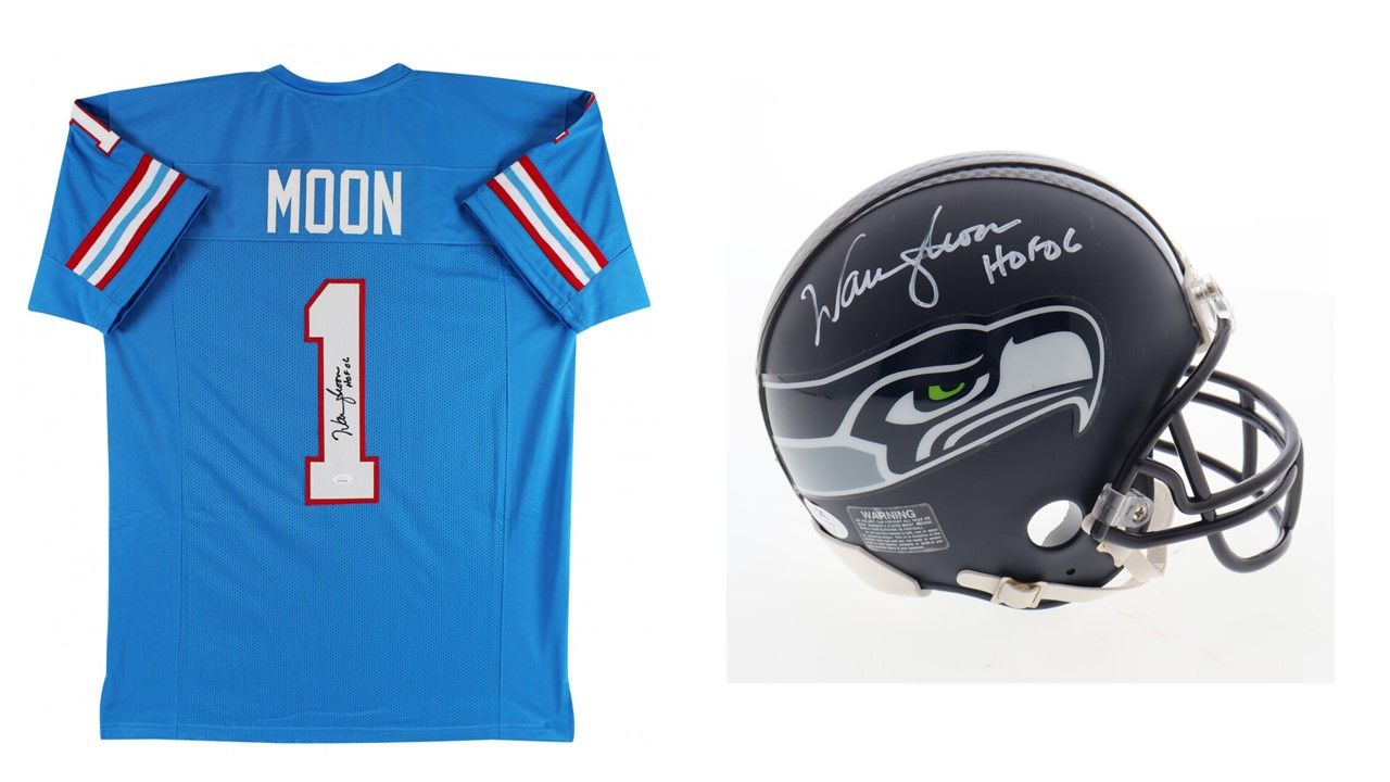 Warren Moon Signed Seattle Seahawks Speed Mini Helmet Inscribed "HOF 06" (PSA) and Warren Moon Signed Houston Oilers Jersey Inscribed "HOF 06" (JSA)