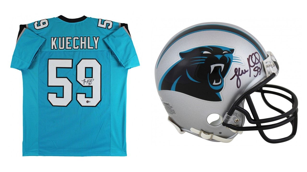 Luke Kuechly Signed Carolina Panthers Jersey (Beckett) and Luke Kuechly Signed Carolina Panthers Mini Helmet (Beckett)