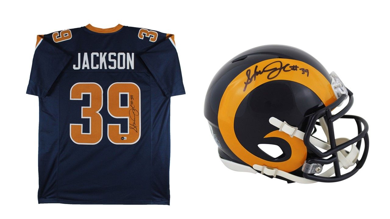 Steven Jackson Signed St Louis Rams Jersey (Beckett) and Steven Jackson Signed St Louis Rams Speed Mini Helmet (Beckett)