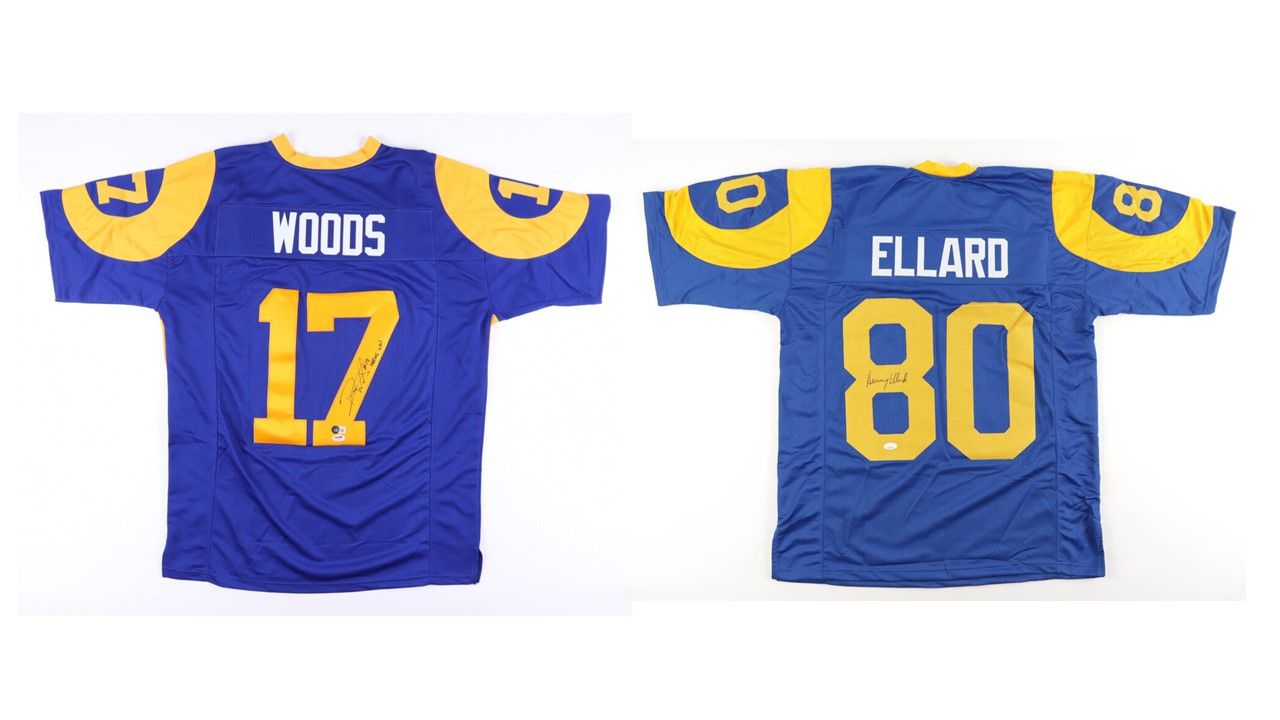 Robert Woods Signed Los Angeles Rams Jersey Inscribed "Horns Up!" (Beckett & PSA) and Henry Ellard Signed Los Angeles Rams Jersey (JSA)