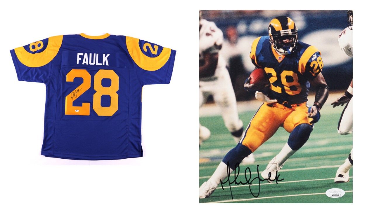 Marshall Faulk Signed St Louis Rams Jersey (Beckett) &  Marshall Faulk  Marshall Faulk Signed St Louis Rams 8x10 Photo (JSA)