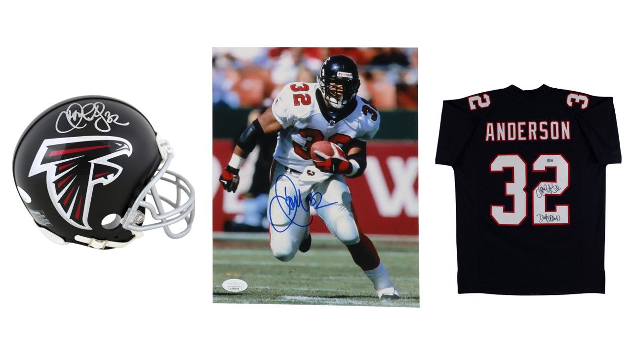 Jamaal Anderson Signed Atlanta Falcons Mini Helmet (PSA), Jamal Anderson Signed Atlanta Falcons Jersey Inscribed "Dirty Bird" (Beckett), & Jamal Anderson Signed Atlanta Falcons 8x10 Photo (JSA)