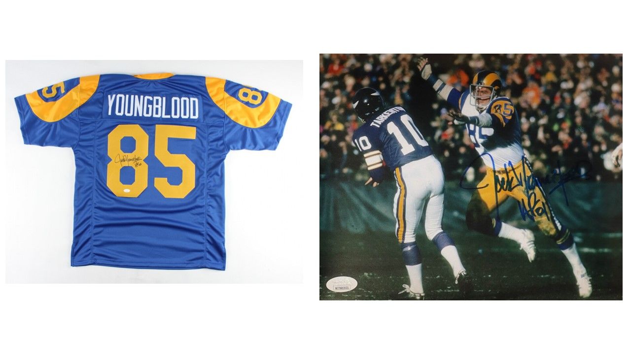 Jack Youngblood Signed Los Angeles Jersey Inscribed "HF 01" (JSA) & Jack Youngblood Signed Los Angeles Rams 8x10 Photo Inscribed "HOF 81" (JSA)