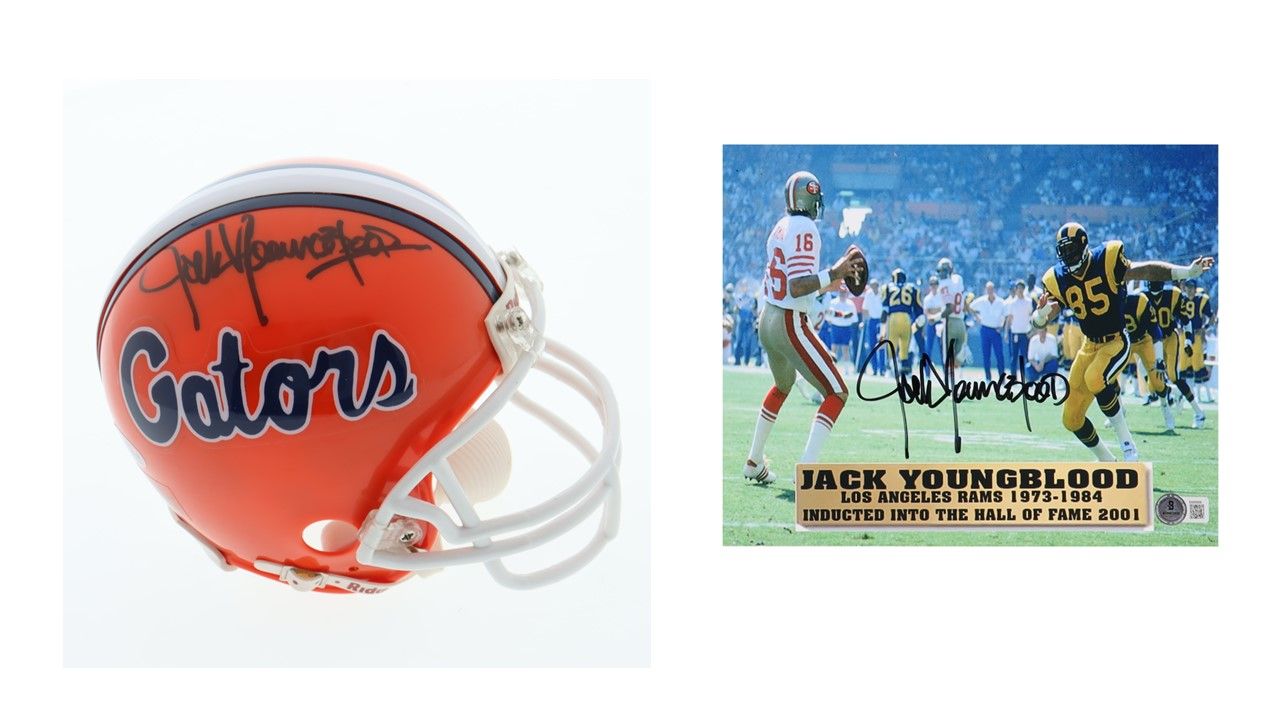 Jack Youngblood Signed Florida Gators Mini Helmet (Beckett) & Jack Youngblood Signed Los Angeles Rams 8x10 Photo (Beckett)