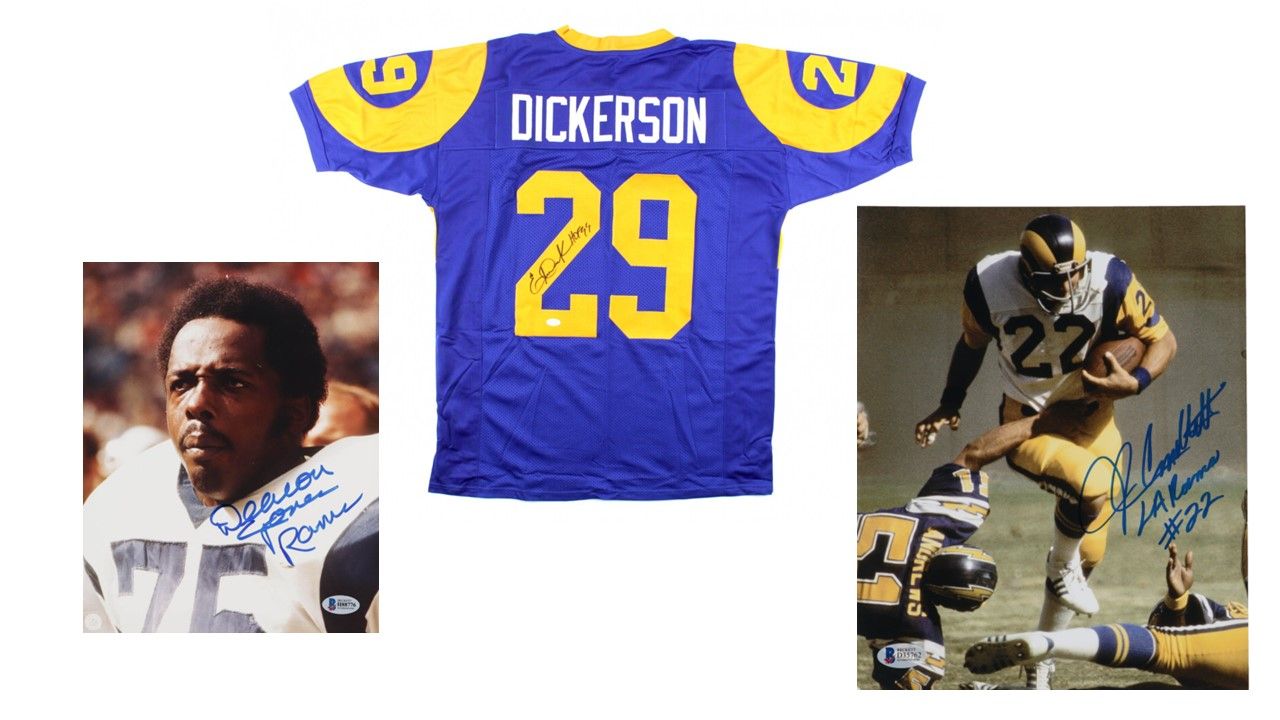 Deacon Jones Signed Los Angeles Rams 8x10 Photo Inscribed "HOF-80" (Beckett) Eric Dickerson Signed Los Angeles Jersey Inscribed "HOF 99", & John Cappelletti Signed Rams 8x10 Photo Inscribed "LA Rams"