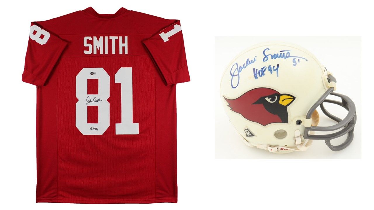 Jackie Smith Signed St Louis Cardinals Mini Helmet Inscribed "HOF 94" (PSA) and Jackie Smith Signed St Louis Cardinals Jersey Inscribed "HOF 94" (Beckett)