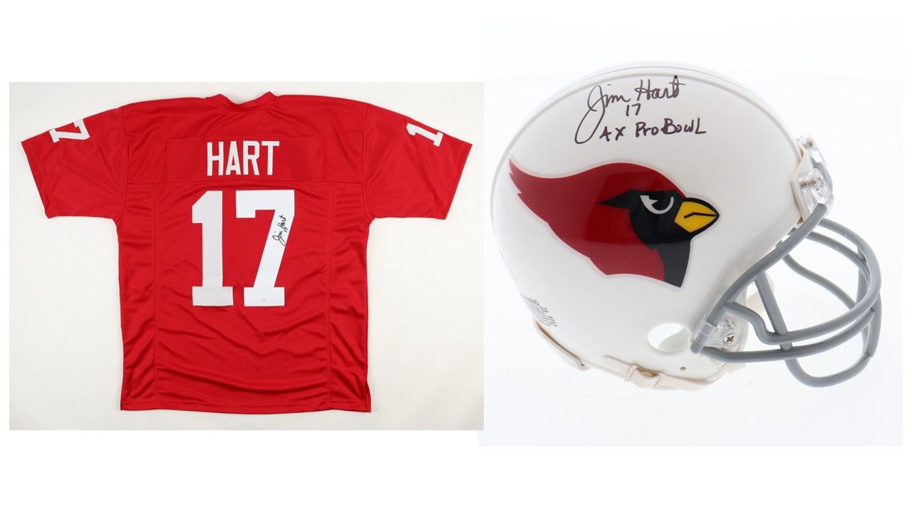 Jim Hart Signed St Louis Cardinals Mini Helmet Inscribed "4X Pro Bowl" (JSA) and Jim Hart Signed St Louis Cardinals Jersey (JSA)