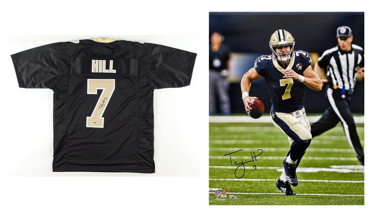 Taysom Hill Signed New Orleans Saints Jersey (OkAuthentics) and Taysom Hill Signed New Orleans Saints 16x20 Photo (Fanatics)
