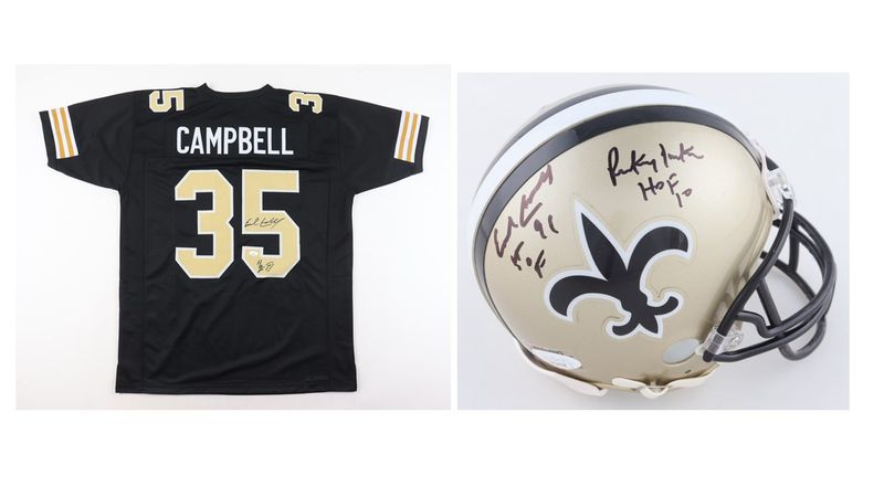 Earl Campbell Signed New Orleans Saints Jersey Inscribed Earl Campbell Signed New Orleans Saints Jersey Inscribed "HOF 91" (JSA) & Earl Campbell & Rickey Jackson Signed New Orleans Saints Mini Helmet Inscribed "HOF 91" & "HOF 10" (JSA)
