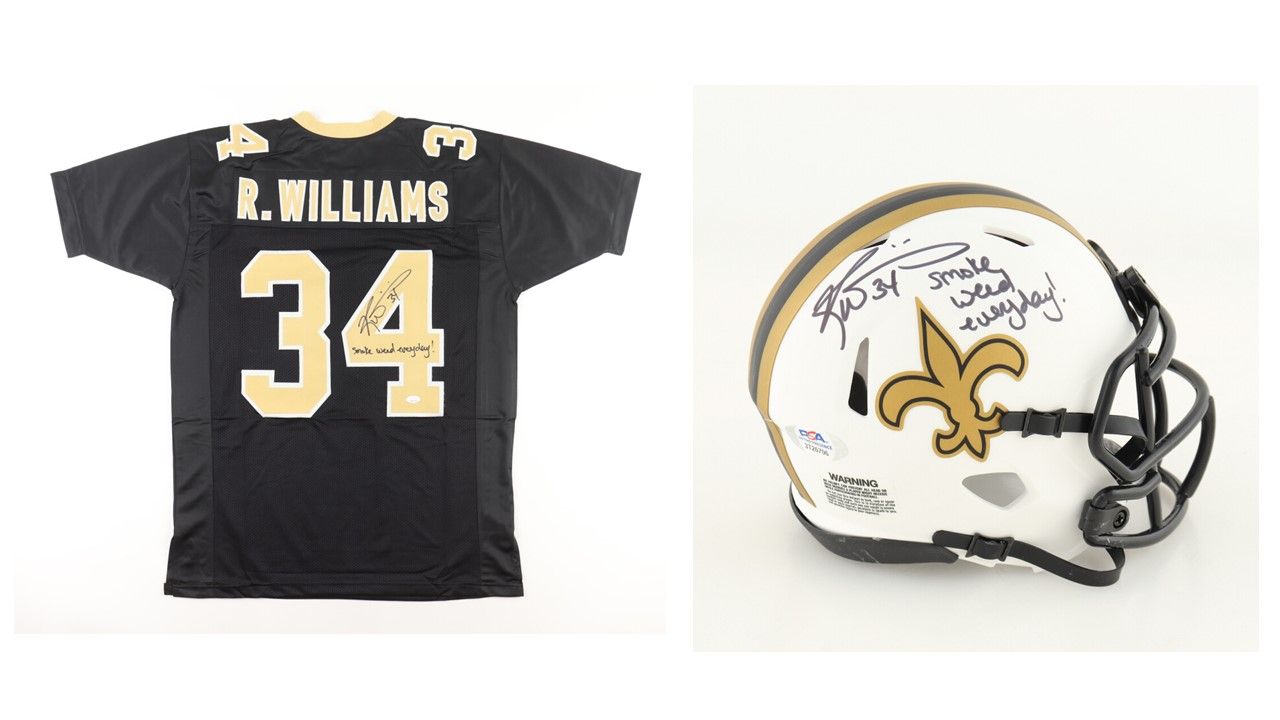 Ricky Williams Signed New Orleans Saints Jersey Inscribed "Smoke Weed Everyday!" (JSA) and Ricky Williams Signed Saints Lunar Eclipse Alternate Speed Mini Helmet Inscribed "Smoke Weed Everyday!" (PSA)