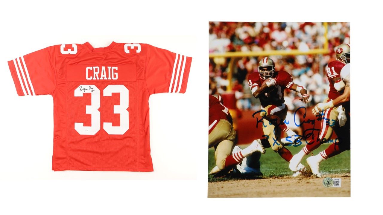 Roger Craig Signed San Francisco 49ers 8x10 Photo Inscribed "3x SB Champ" (Beckett) & Roger Craig Signed San Francisco 49ers Jersey (PSA)