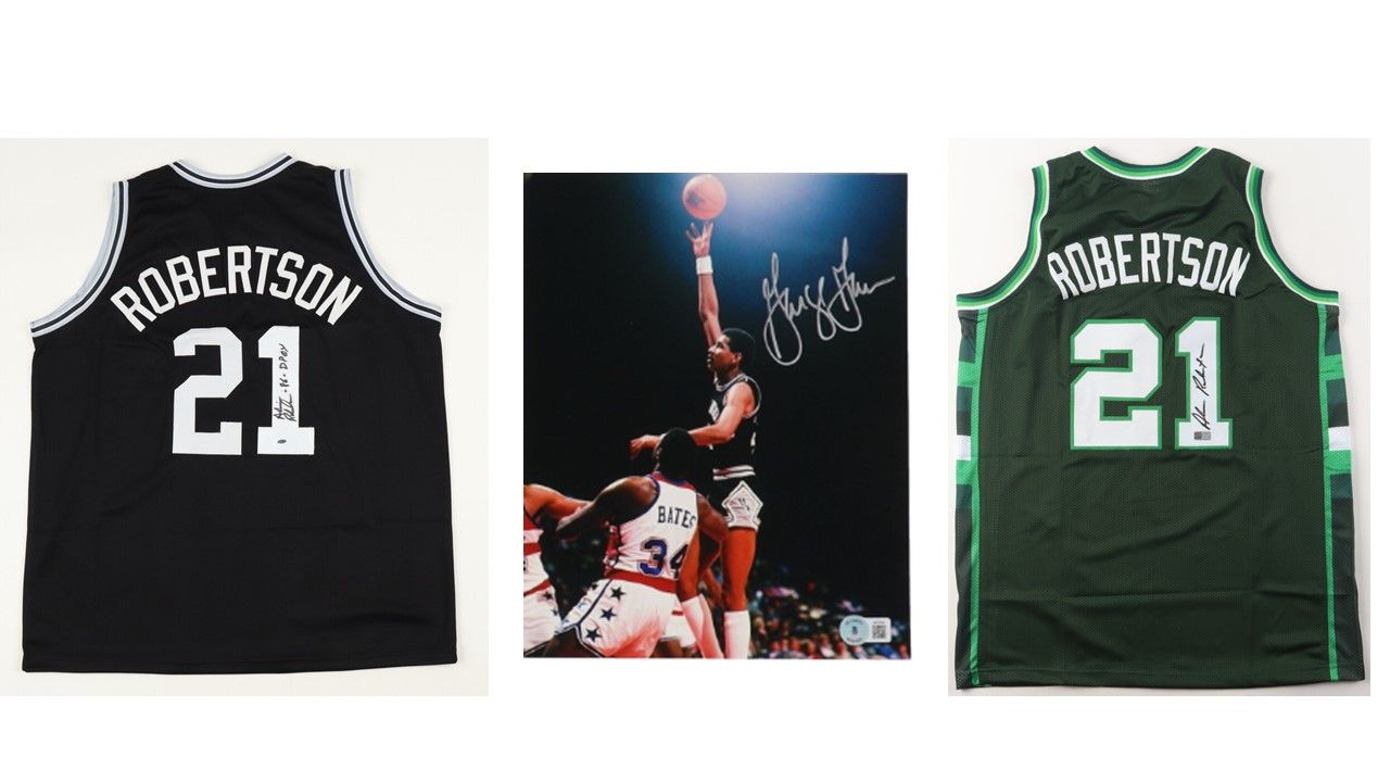 George Gervin Signed Spurs 8x10 Photo (Beckett)  & Alvin Robertson Signed Spurs Jersey Inscribed "86 DPOY" (OK Authentics), & Alvin Robertson Bucks Signed Jersey (TriStar)