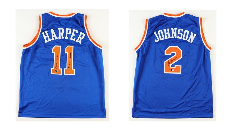 Larry Johnson Signed New York Knicks Jersey (Beckett) & Derek Harper Signed New York Knicks Jersey Inscribed "94 ECF Champs" (Beckett)