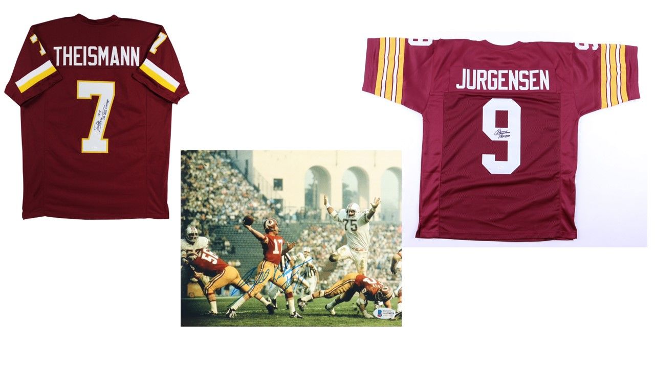 Sonny Jurgensen Signed Washington Redskins Jersey Inscribed "HOF 83" (JSA), Joe Theismann Signed Washington Redskins Jersey Inscribed "SB XVII Champs" (JSA), & Billy Kilmer Signed Redskins 8x10 Photo