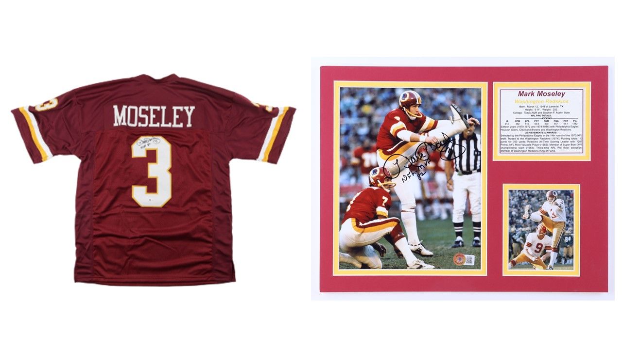 Mark Moseley Signed Washington Redskins Jersey Inscribed "MVP 82" (Beckett) & Mark Moseley Signed Washington Redskins Custom Matted Photo Display Inscribed "NFL MVP 82" (Beckett)
