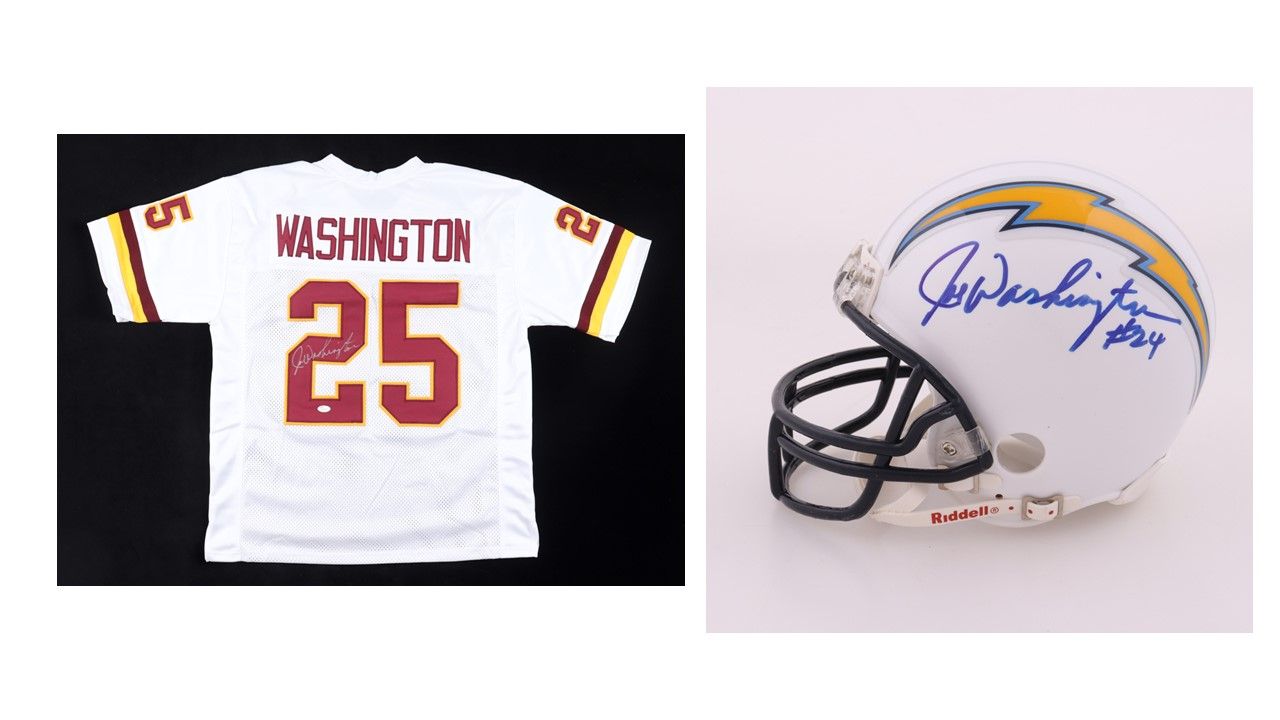 Joe Washington Signed Washington Redskins Jersey (JSA) & Joe Washington Signed San Diego Chargers Mini Helmet (JSA)