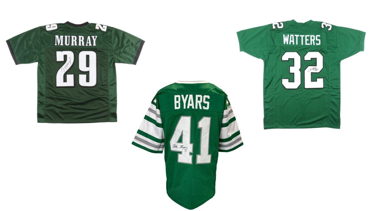 Keith Byars Signed Philadelphia Eagles Jersey (JSA), DeMarco Murray Signed Philadelphia Eagles Jersey (JSA), & Ricky Watters Signed Philadelphia Eagles Jersey (JSA)